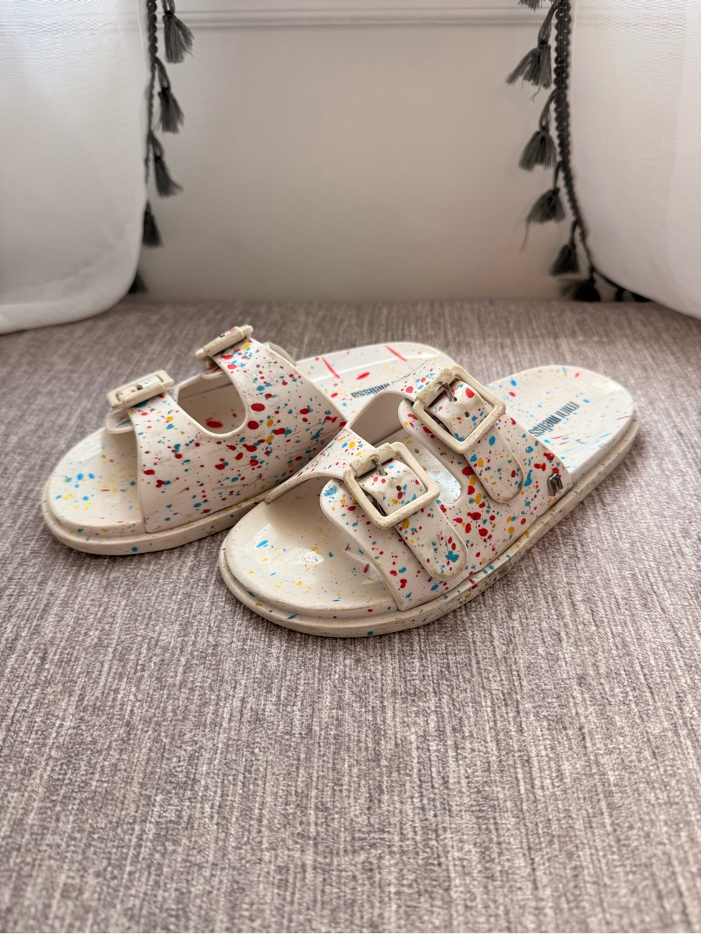 Mini Melissa Cream Slide Sandals with Multicolor Paint Splatter